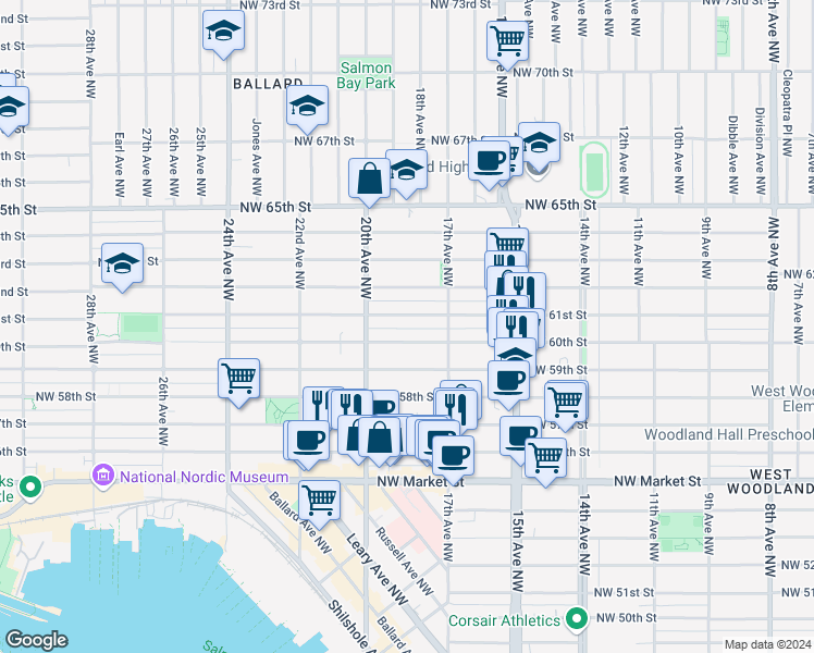 map of restaurants, bars, coffee shops, grocery stores, and more near 1739 Northwest 61st Street in Seattle