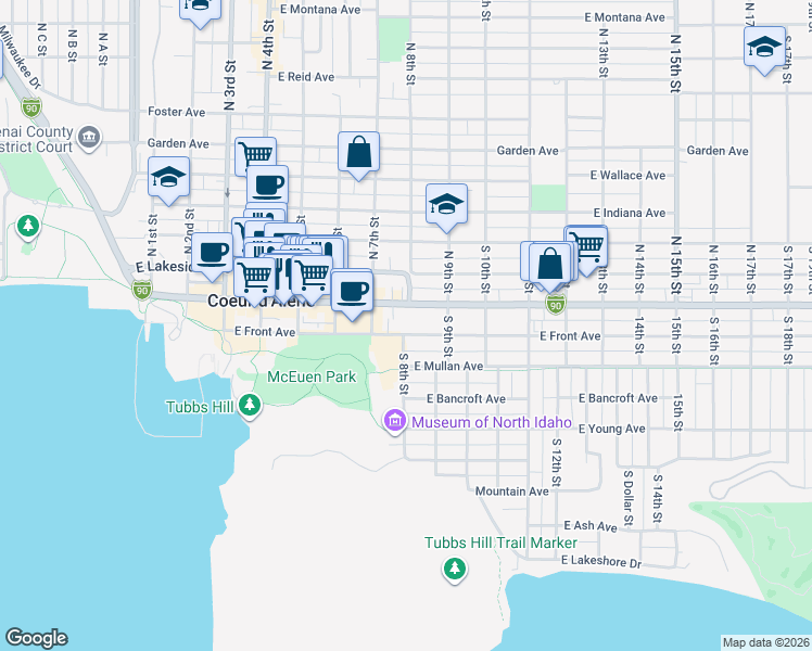 map of restaurants, bars, coffee shops, grocery stores, and more near 810 East Sherman Avenue in Coeur d'Alene