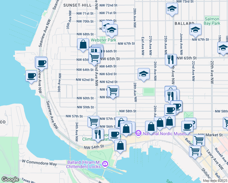 map of restaurants, bars, coffee shops, grocery stores, and more near 6102 30th Avenue Northwest in Seattle