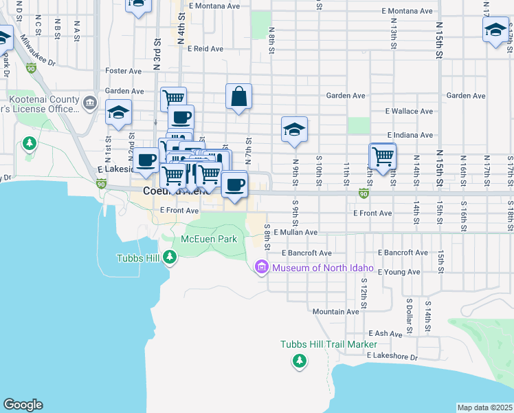 map of restaurants, bars, coffee shops, grocery stores, and more near 704 Sherman Avenue in Coeur d'Alene