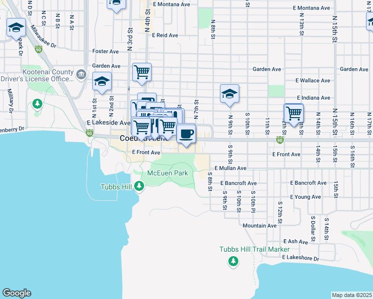 map of restaurants, bars, coffee shops, grocery stores, and more near in Coeur d'Alene