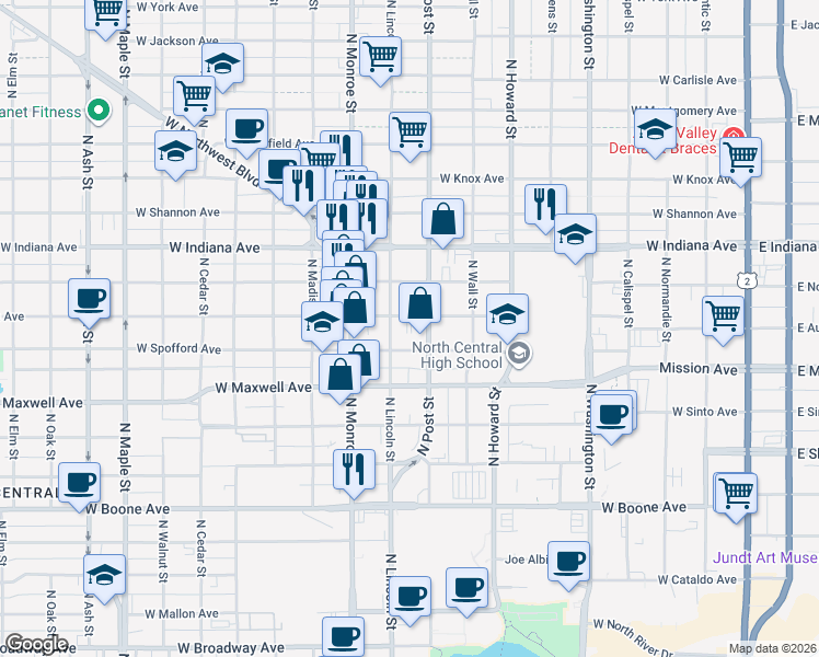 map of restaurants, bars, coffee shops, grocery stores, and more near 819 West Augusta Avenue in Spokane