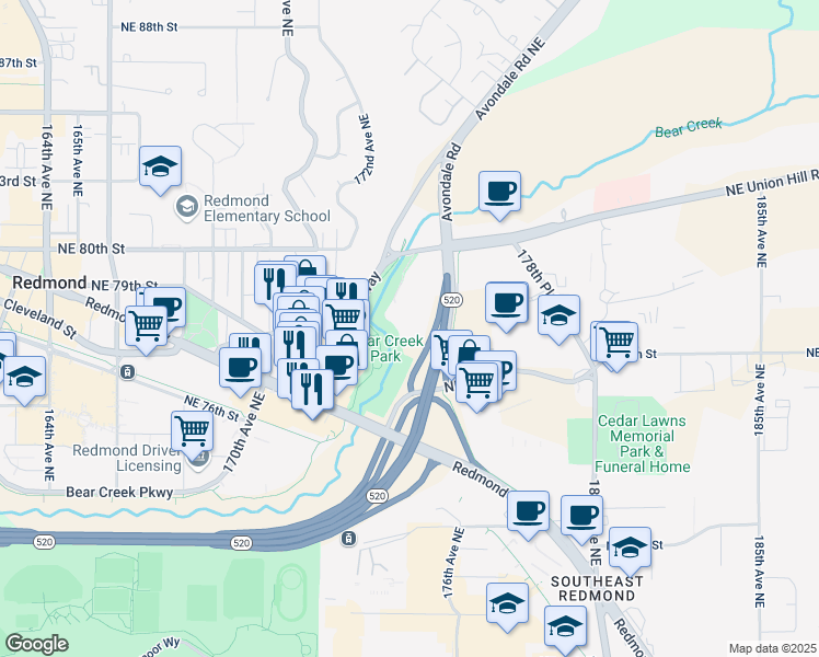 map of restaurants, bars, coffee shops, grocery stores, and more near 17411 NE Union Hill Rd in Redmond