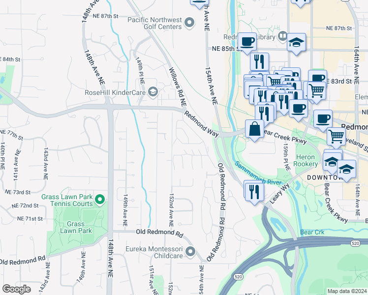 map of restaurants, bars, coffee shops, grocery stores, and more near 15325 Redmond Way in Redmond