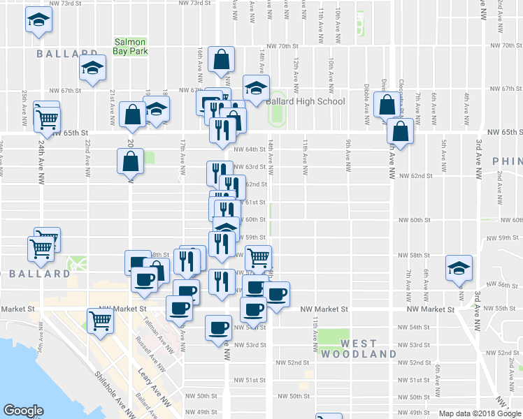 map of restaurants, bars, coffee shops, grocery stores, and more near 1419 Northwest 61st Street in Seattle