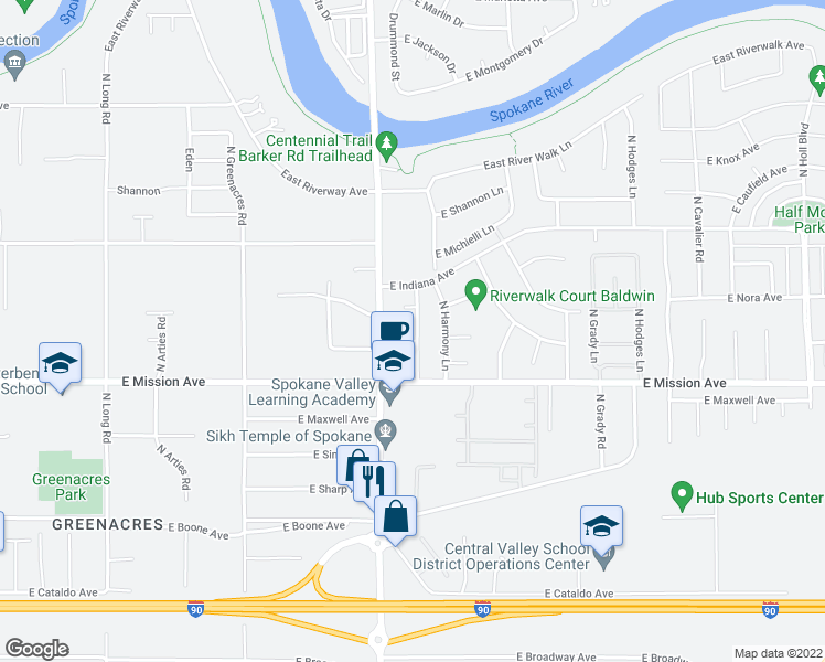 map of restaurants, bars, coffee shops, grocery stores, and more near 18717 East Augusta Court in Spokane Valley