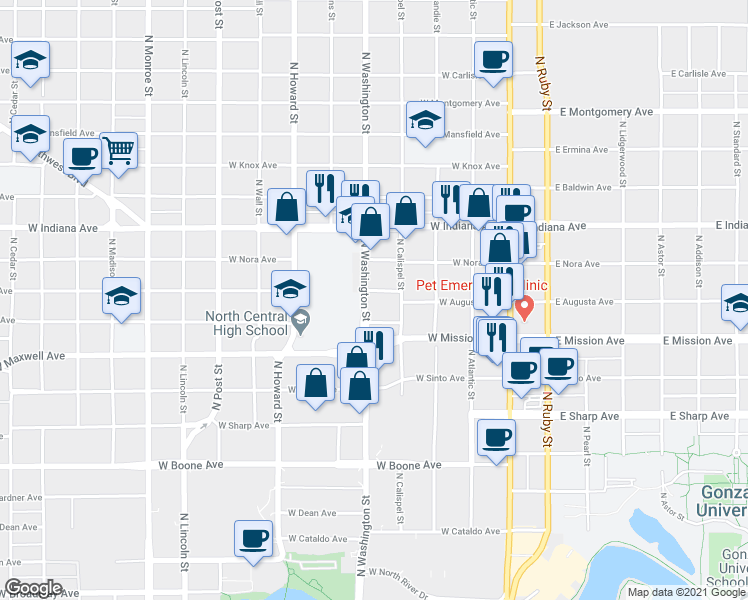 map of restaurants, bars, coffee shops, grocery stores, and more near 1616 North Washington Street in Spokane