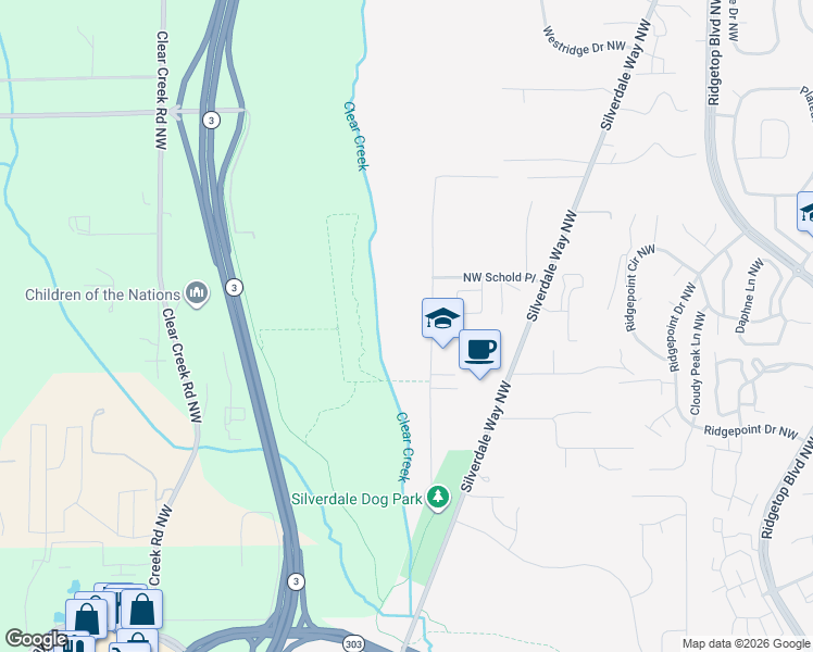 map of restaurants, bars, coffee shops, grocery stores, and more near 11941 Schold Road Northwest in Silverdale