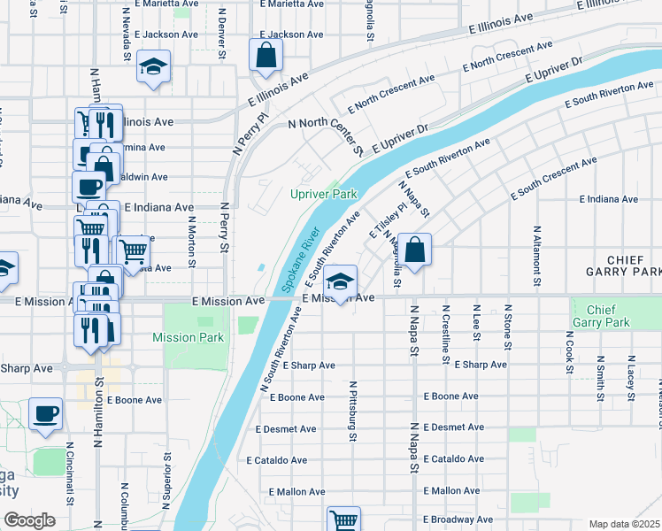 map of restaurants, bars, coffee shops, grocery stores, and more near 1544 East South Riverton Avenue in Spokane