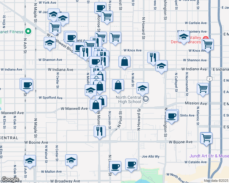 map of restaurants, bars, coffee shops, grocery stores, and more near 819 West Augusta Avenue in Spokane