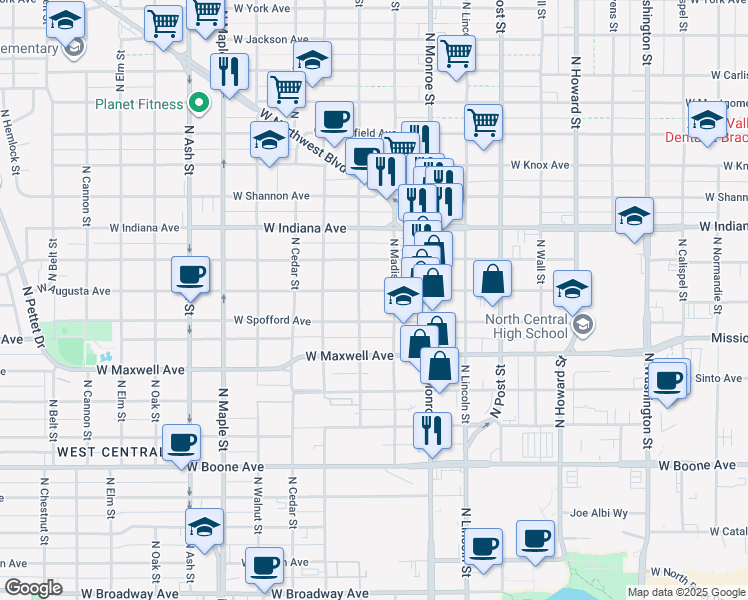map of restaurants, bars, coffee shops, grocery stores, and more near 1119 West Augusta Avenue in Spokane