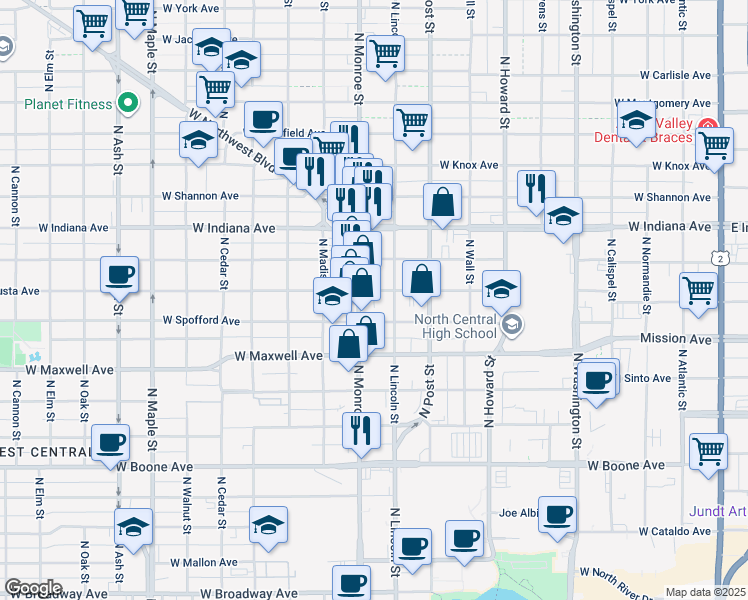 map of restaurants, bars, coffee shops, grocery stores, and more near 917 West Augusta Avenue in Spokane
