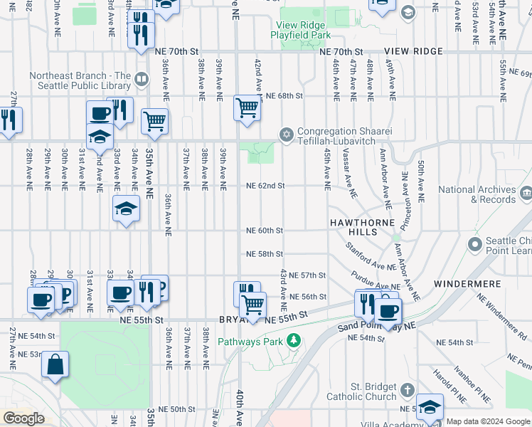 map of restaurants, bars, coffee shops, grocery stores, and more near 6022 41st Avenue Northeast in Seattle