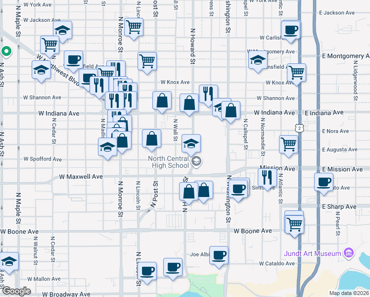 map of restaurants, bars, coffee shops, grocery stores, and more near 611 West Augusta Avenue in Spokane