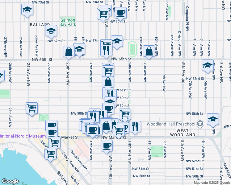 map of restaurants, bars, coffee shops, grocery stores, and more near 6010 15th Avenue Northwest in Seattle