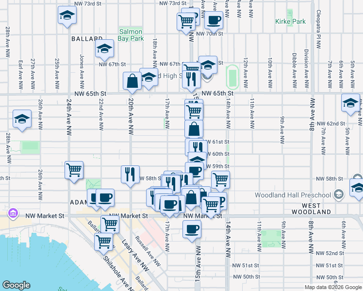 map of restaurants, bars, coffee shops, grocery stores, and more near 1527 Northwest 61st Street in Seattle