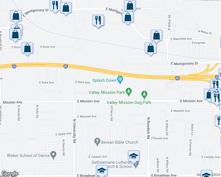 map of restaurants, bars, coffee shops, grocery stores, and more near 11020 East Augusta Court in Spokane Valley
