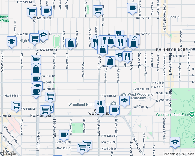 map of restaurants, bars, coffee shops, grocery stores, and more near 6017 8th Avenue Northwest in Seattle