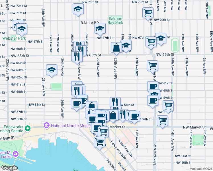 map of restaurants, bars, coffee shops, grocery stores, and more near 2029 Northwest 61st Street in Seattle