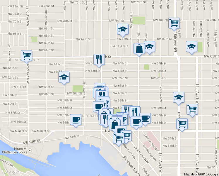 map of restaurants, bars, coffee shops, grocery stores, and more near 2237 Northwest 61st Street in Seattle