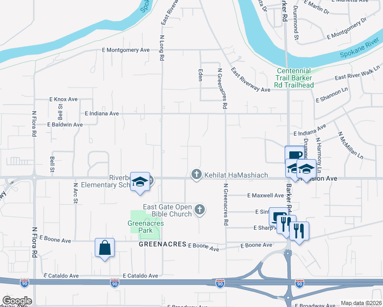 map of restaurants, bars, coffee shops, grocery stores, and more near 1714 North Arties Road in Spokane Valley