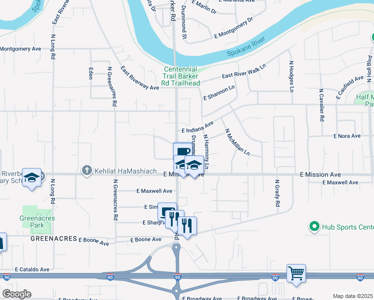 map of restaurants, bars, coffee shops, grocery stores, and more near 18711 East Augusta Court in Spokane Valley