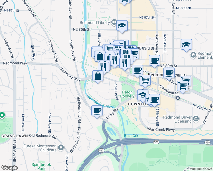 map of restaurants, bars, coffee shops, grocery stores, and more near 15803 Bear Creek Parkway in Redmond