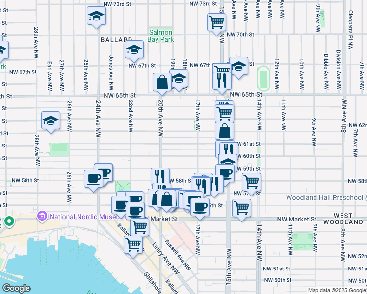 map of restaurants, bars, coffee shops, grocery stores, and more near 1739 Northwest 61st Street in Seattle