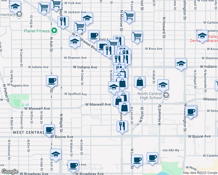 map of restaurants, bars, coffee shops, grocery stores, and more near 1119 West Augusta Avenue in Spokane
