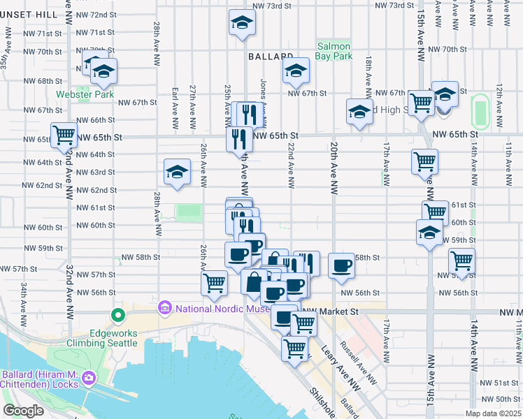 map of restaurants, bars, coffee shops, grocery stores, and more near 2241 Northwest 61st Street in Seattle