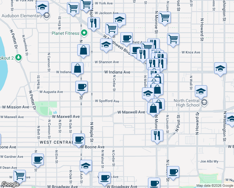map of restaurants, bars, coffee shops, grocery stores, and more near 1317 West Augusta Avenue in Spokane