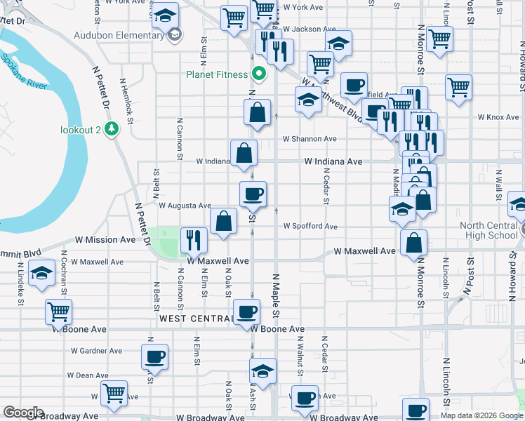 map of restaurants, bars, coffee shops, grocery stores, and more near 1617 West Augusta Avenue in Spokane
