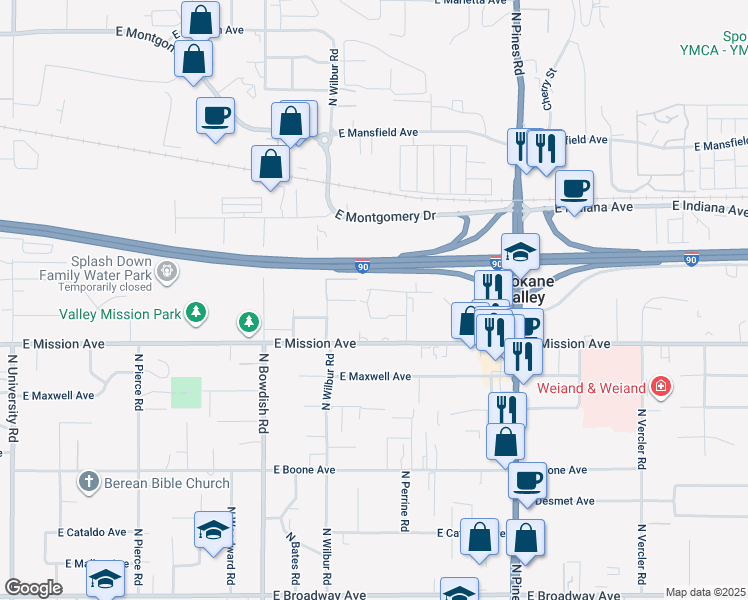 map of restaurants, bars, coffee shops, grocery stores, and more near 1723 North Union Road in Spokane Valley