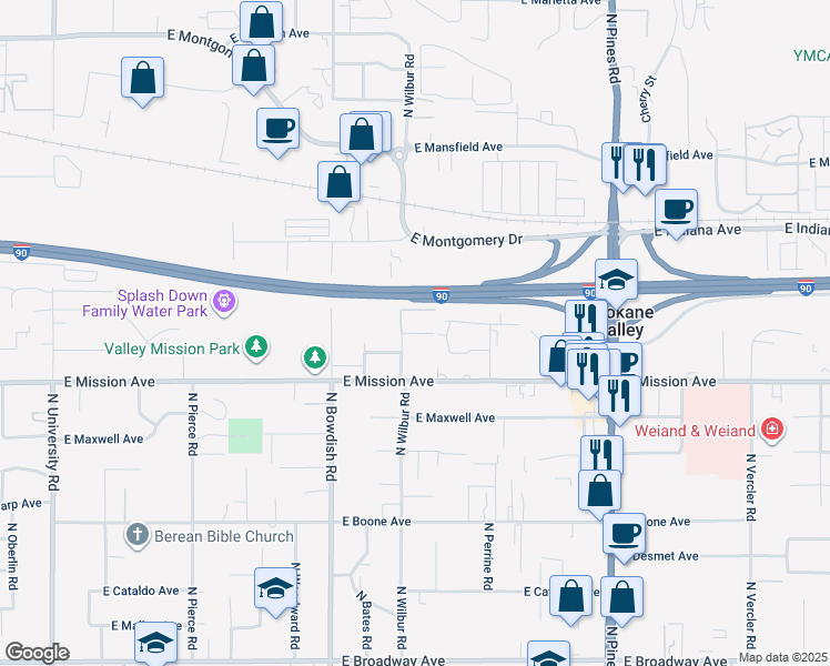 map of restaurants, bars, coffee shops, grocery stores, and more near 1710 North Wilbur Road in Spokane Valley