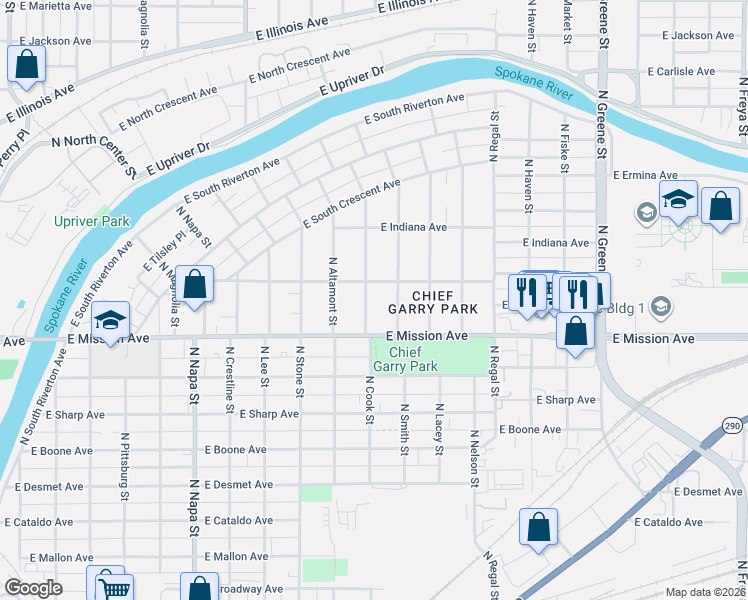 map of restaurants, bars, coffee shops, grocery stores, and more near 1608 North Cook Street in Spokane
