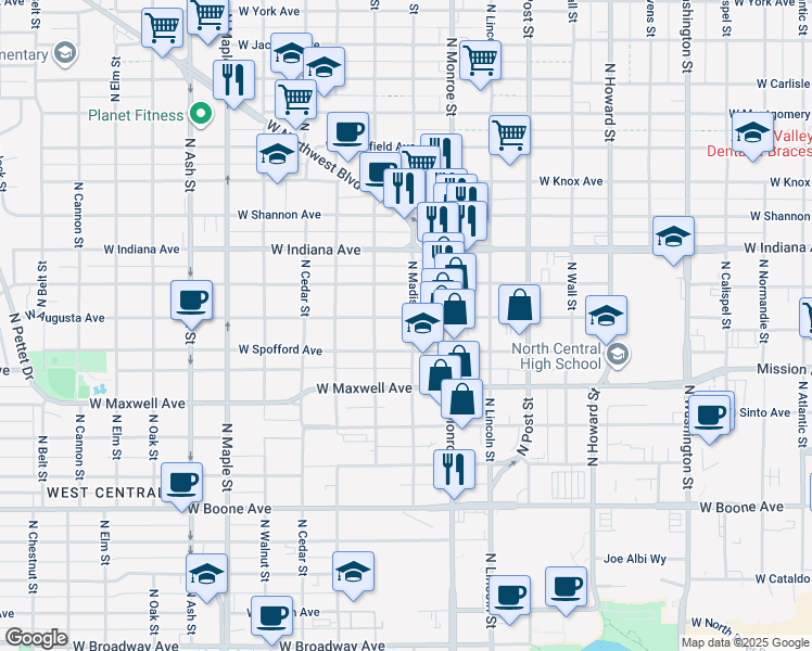 map of restaurants, bars, coffee shops, grocery stores, and more near 1119 West Augusta Avenue in Spokane