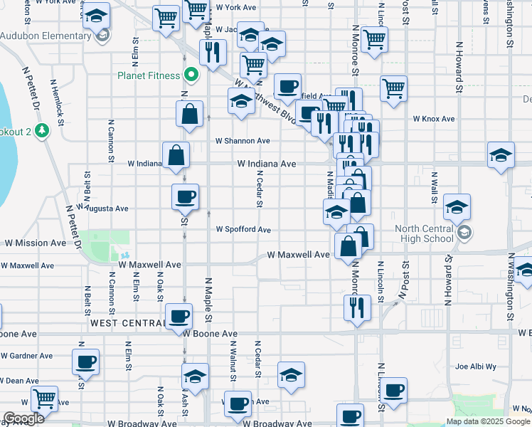 map of restaurants, bars, coffee shops, grocery stores, and more near 1311 West Augusta Avenue in Spokane