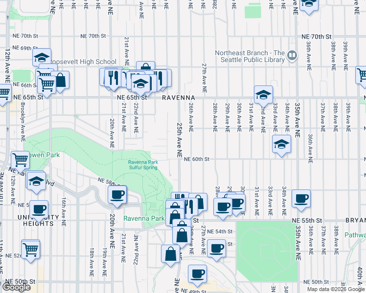 map of restaurants, bars, coffee shops, grocery stores, and more near 6027 25th Avenue Northeast in Seattle