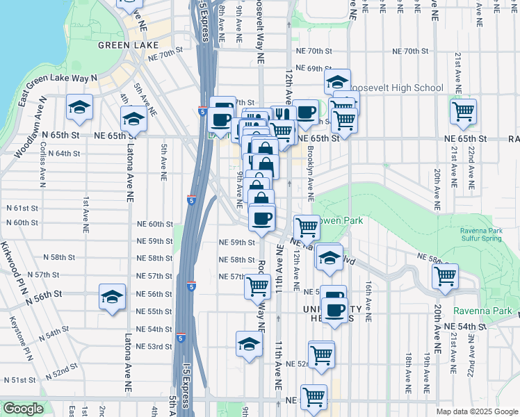 map of restaurants, bars, coffee shops, grocery stores, and more near 6105a Roosevelt Way Northeast in Seattle