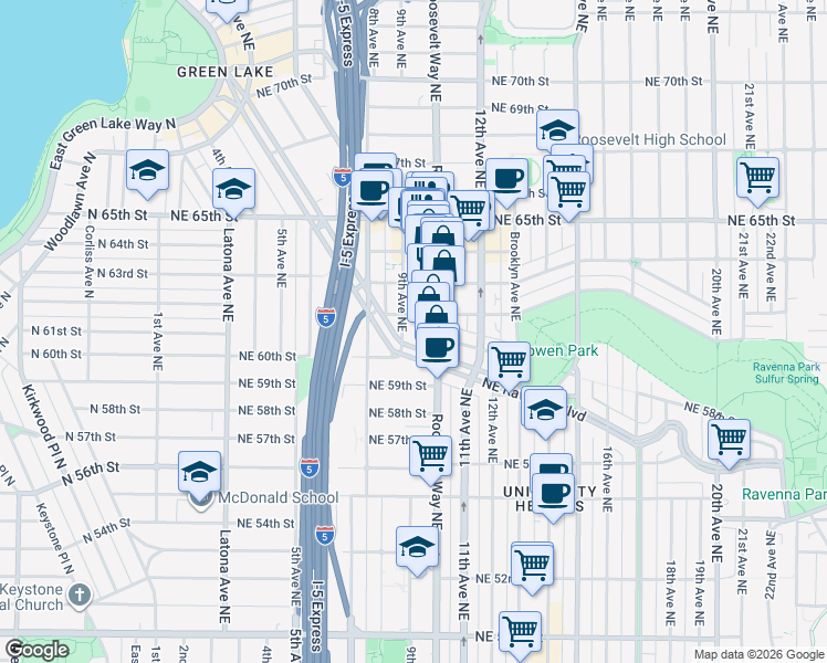 map of restaurants, bars, coffee shops, grocery stores, and more near 842 Northeast Ravenna Boulevard in Seattle