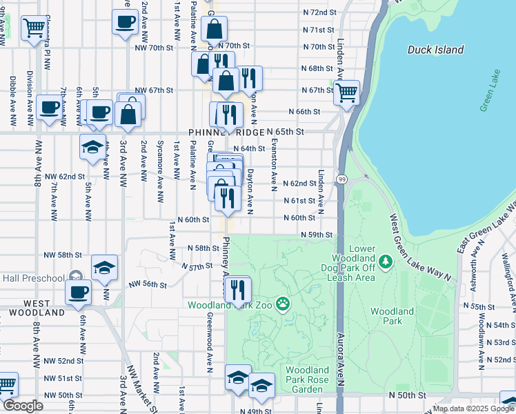 map of restaurants, bars, coffee shops, grocery stores, and more near 519 North 61st Street in Seattle