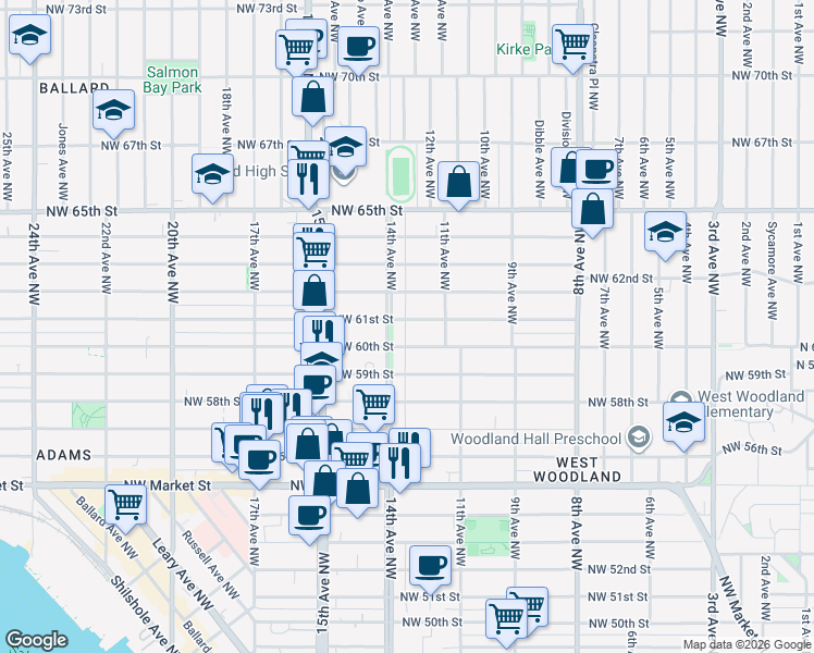 map of restaurants, bars, coffee shops, grocery stores, and more near 1143 Northwest 61st Street in Seattle