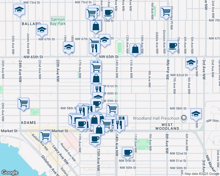 map of restaurants, bars, coffee shops, grocery stores, and more near 1419 Northwest 61st Street in Seattle
