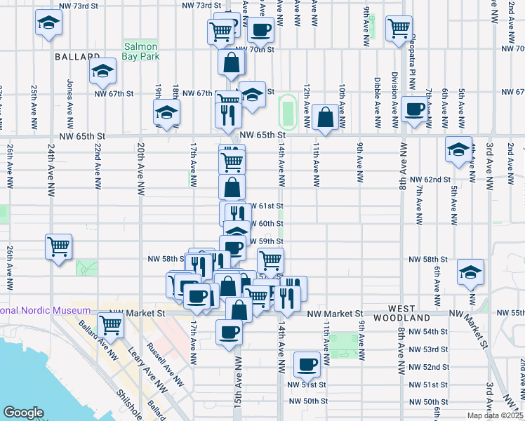 map of restaurants, bars, coffee shops, grocery stores, and more near 1419 Northwest 61st Street in Seattle