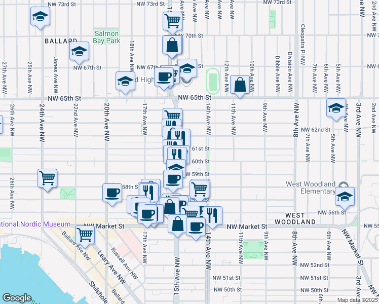 map of restaurants, bars, coffee shops, grocery stores, and more near 1419 Northwest 61st Street in Seattle