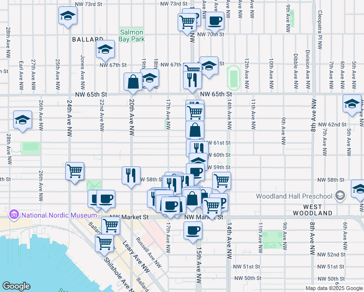 map of restaurants, bars, coffee shops, grocery stores, and more near 1527 Northwest 61st Street in Seattle