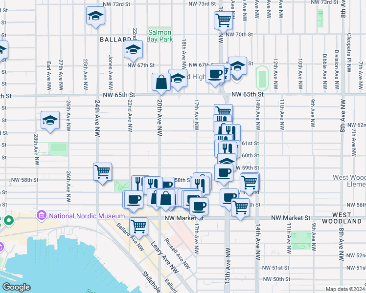 map of restaurants, bars, coffee shops, grocery stores, and more near 1739 Northwest 61st Street in Seattle
