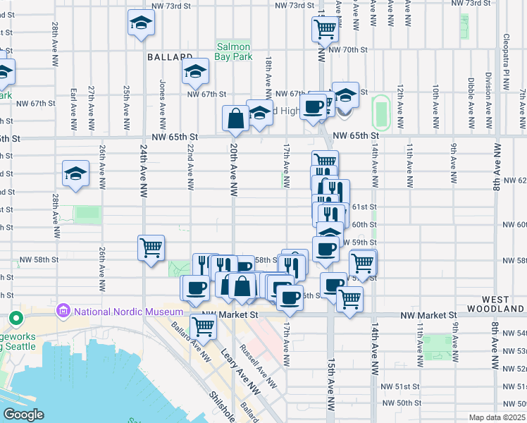map of restaurants, bars, coffee shops, grocery stores, and more near 1739 Northwest 61st Street in Seattle