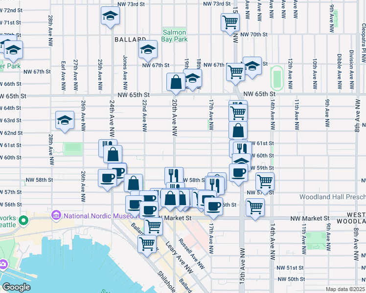 map of restaurants, bars, coffee shops, grocery stores, and more near 6020 20th Avenue Northwest in Seattle
