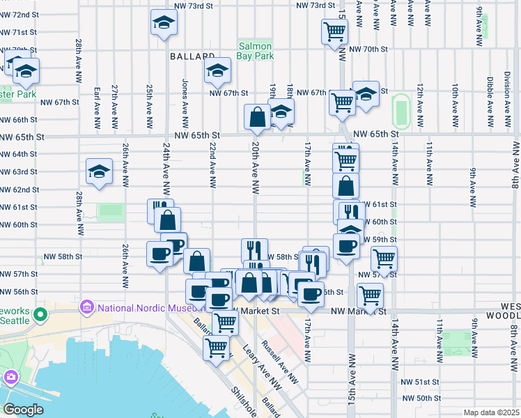 map of restaurants, bars, coffee shops, grocery stores, and more near 6020 20th Avenue Northwest in Seattle